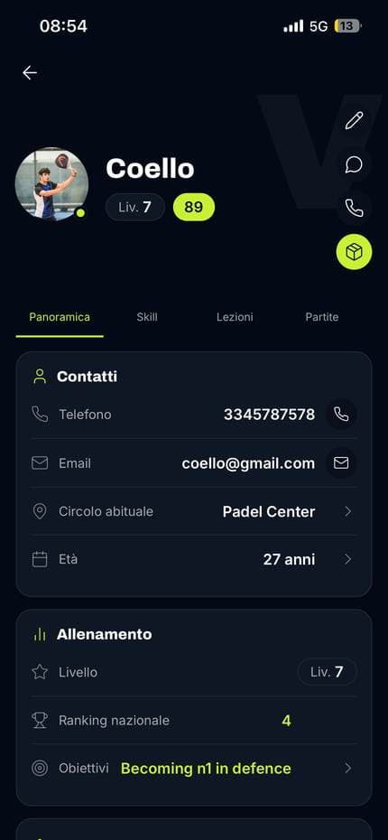 Panoramica allievo con ranking nazionale e obiettivi